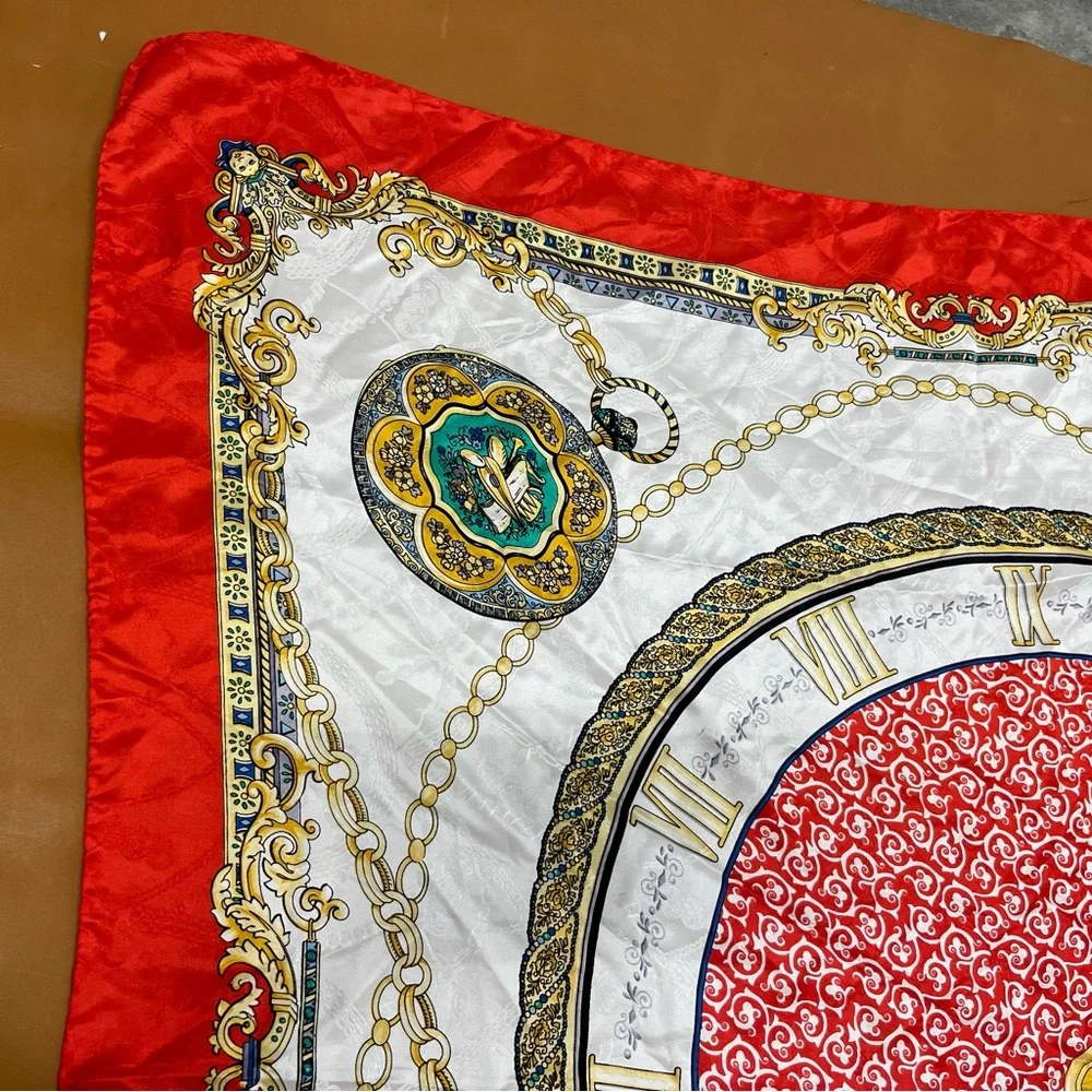 Vintage Silk Scarf Red and Gold Clock Motif Scarf Olpan